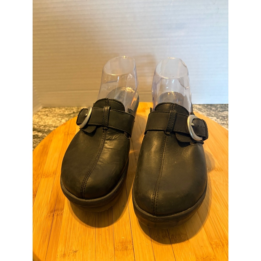 Crocs Women Black Leather Wedge Clogs Buckle Mules Shoes Size 8